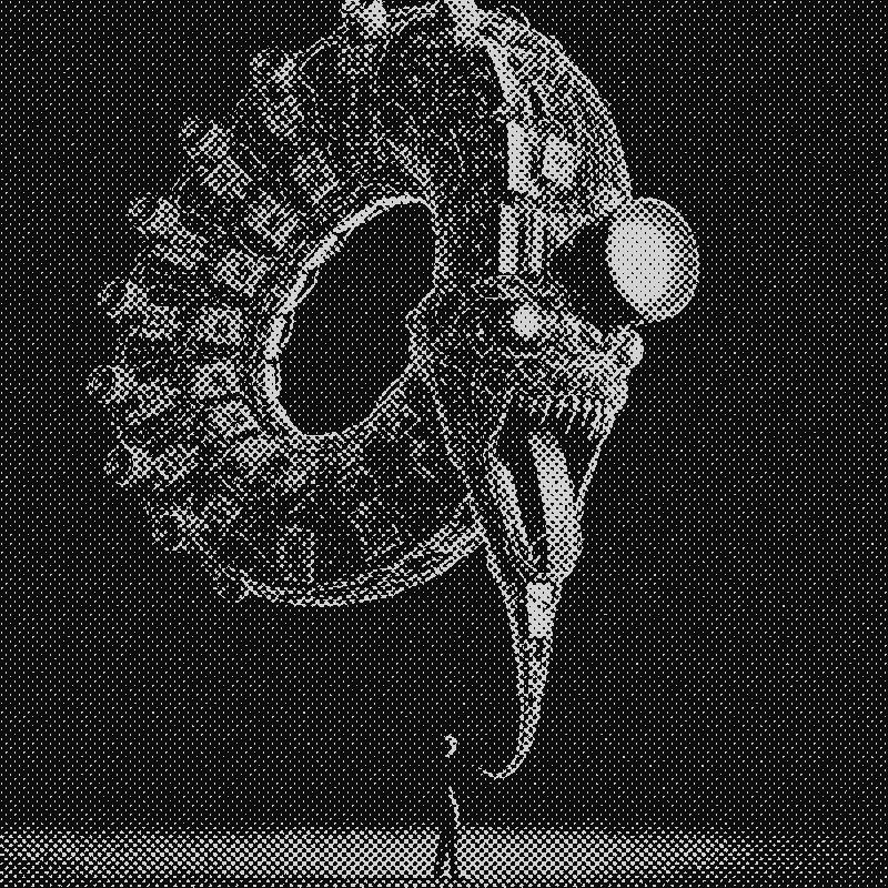 Halftone editorial illustration: a huge mechanical serpent-like basilisk looming out of darkness over a tiny human figure