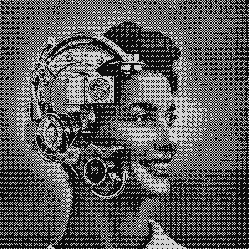 Halftone press portrait: a smiling 1950s woman, half her head merged into gleaming retro machinery